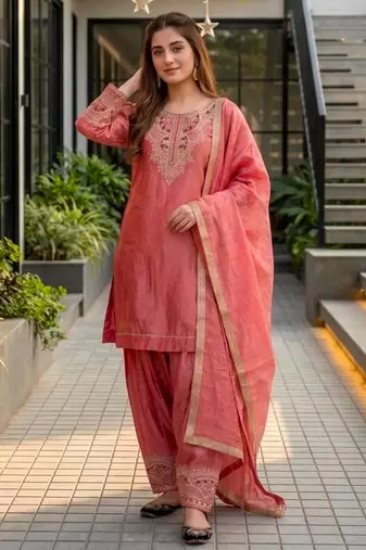 Pink silk blend embroidered palazzo set