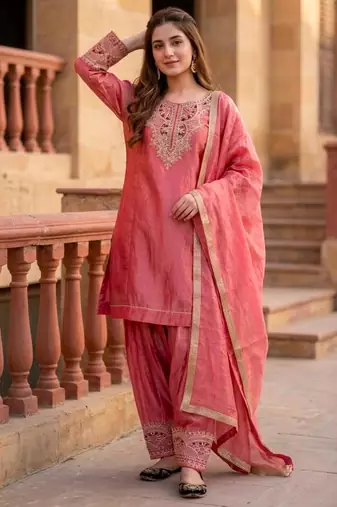 Pink silk blend embroidered palazzo set