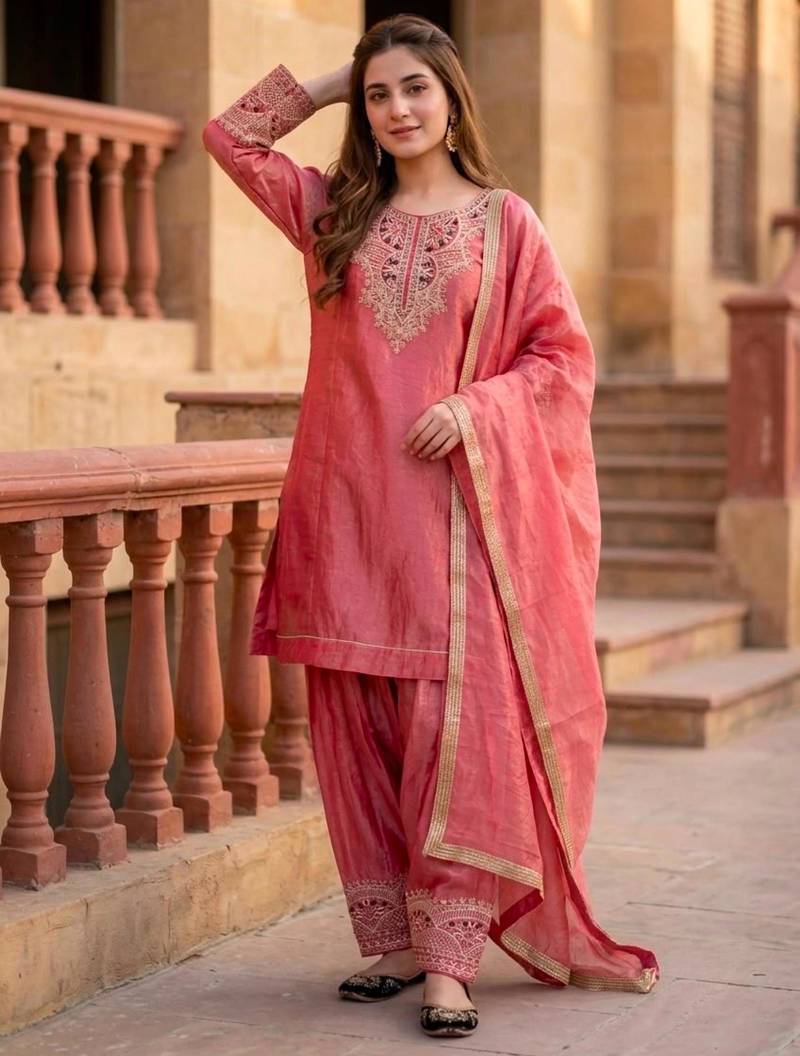 Pink silk blend embroidered palazzo set