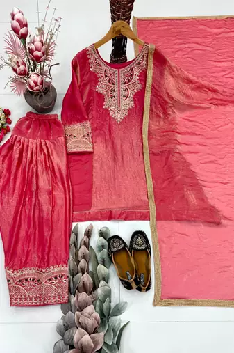 Pink silk blend embroidered palazzo set