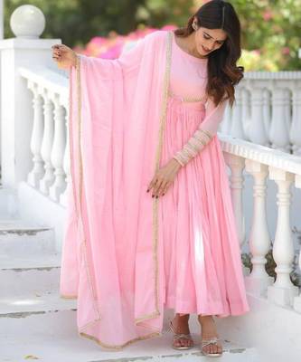 Pink silk blend embroidered anarkali set 1