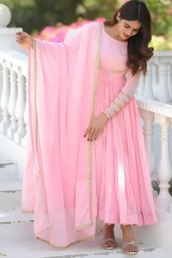 Pink silk blend embroidered anarkali set