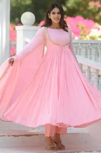 Pink silk blend embroidered anarkali set