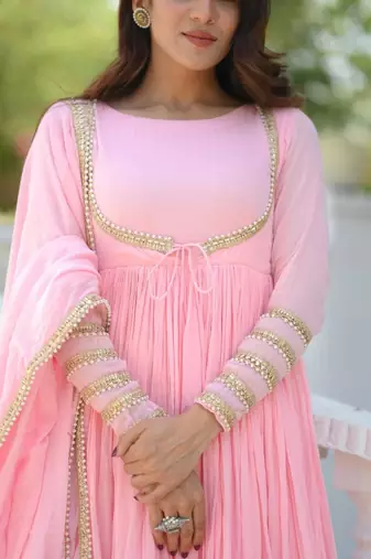 Pink silk blend embroidered anarkali set