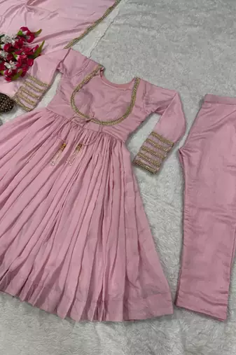 Pink silk blend embroidered anarkali set