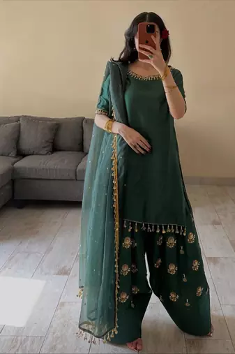 Green silk blend embroidered farshi salwar set