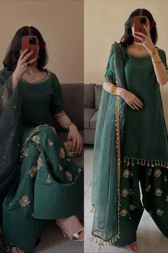 Green silk blend embroidered farshi salwar set