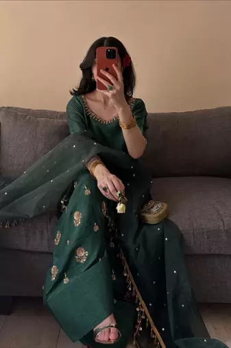 Green silk blend embroidered farshi salwar set