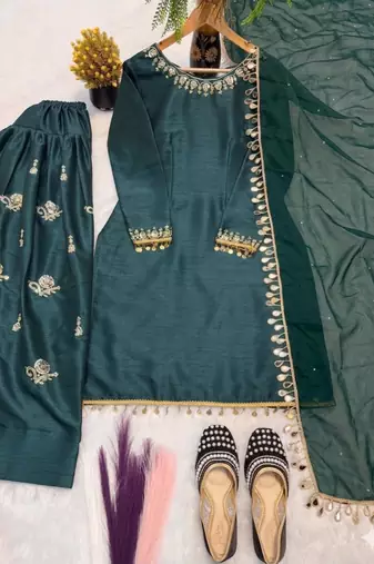 Green silk blend embroidered farshi salwar set