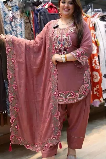 Dark-pink georgette embroidered farshi salwar set