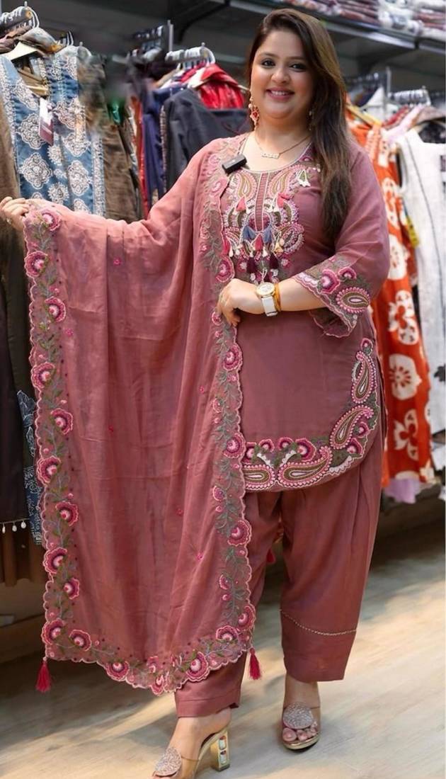 Dark-pink georgette embroidered farshi salwar set