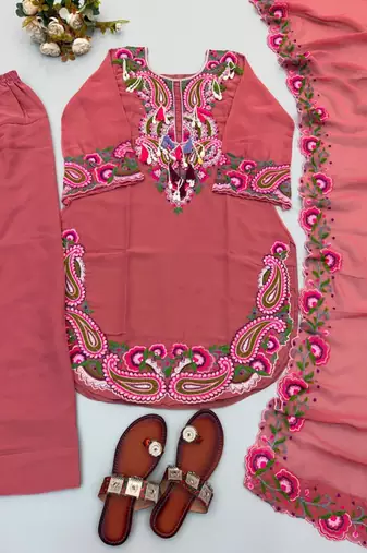 Dark-pink georgette embroidered farshi salwar set