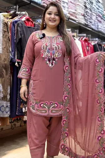 Dark-pink georgette embroidered farshi salwar set