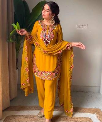 Dark-yellow georgette embroidered farshi salwar set 1