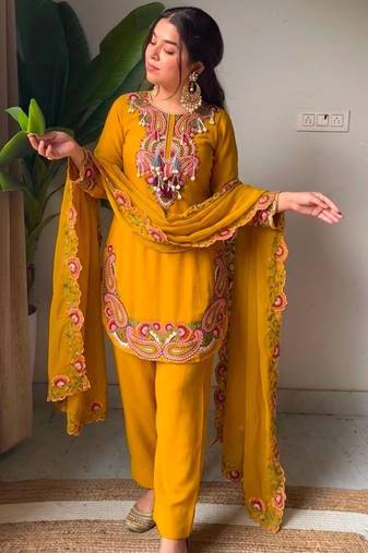 Dark-yellow georgette embroidered farshi salwar set