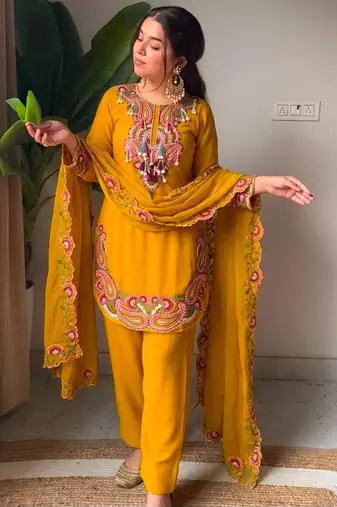 Dark-yellow georgette embroidered farshi salwar set