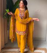 Dark-yellow georgette embroidered farshi salwar set