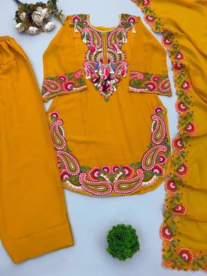 Dark-yellow georgette embroidered farshi salwar set 2