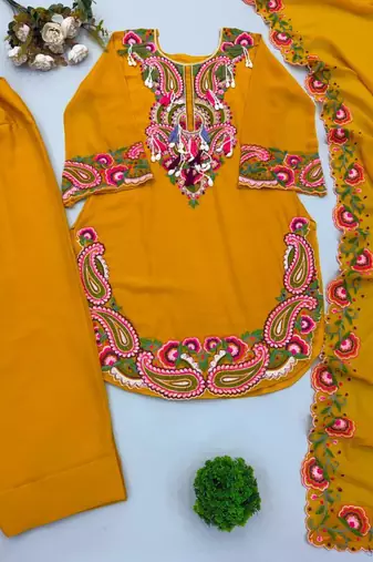 Dark-yellow georgette embroidered farshi salwar set