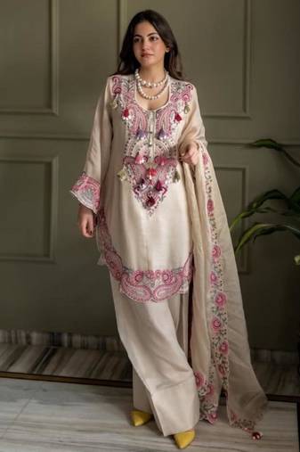 Off-white georgette embroidered farshi salwar set
