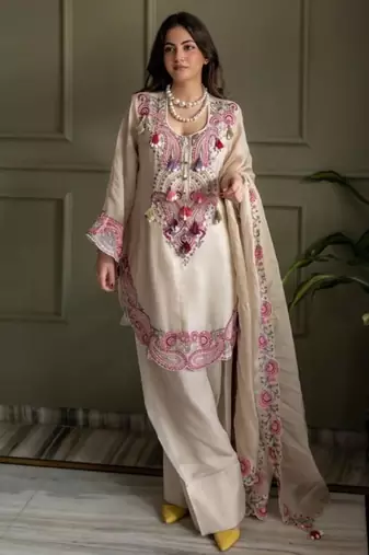 Off-white georgette embroidered farshi salwar set