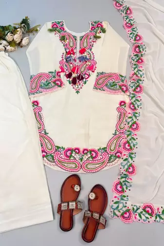 Off-white georgette embroidered farshi salwar set