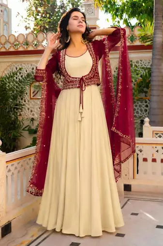Beige crepe embroidered flared gown set
