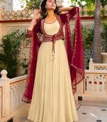 Beige crepe embroidered flared gown set