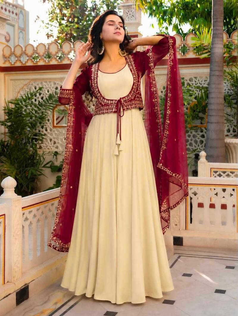 Beige crepe embroidered flared gown set