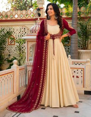 Beige crepe embroidered flared gown set 2