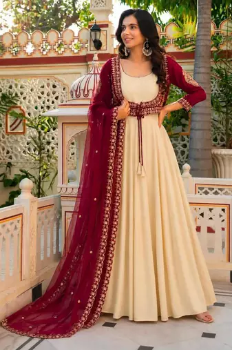 Beige crepe embroidered flared gown set
