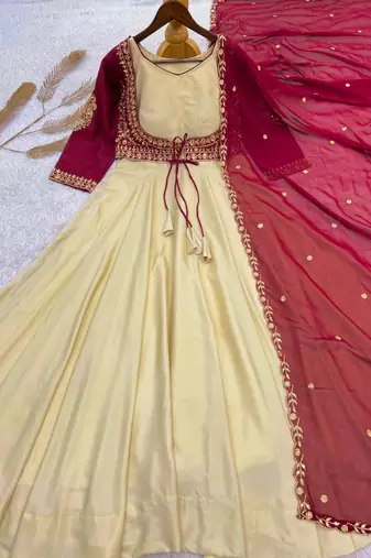 Beige crepe embroidered flared gown set