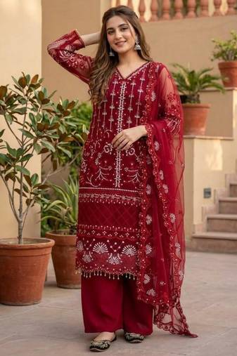 Red net sequins palazzo set
