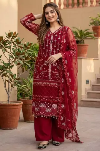 Red net sequins palazzo set
