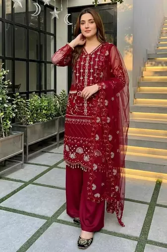 Red net sequins palazzo set