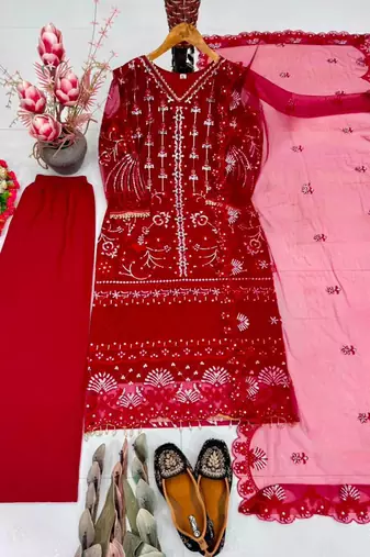 Red net sequins palazzo set