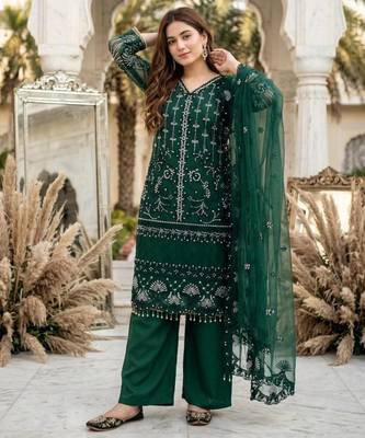 Dark-green net sequins palazzo set 1