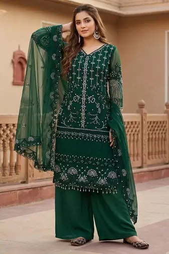 Dark-green net sequins palazzo set