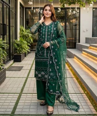 Dark-green net sequins palazzo set 3