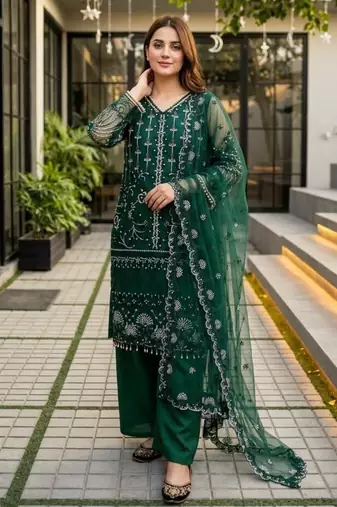 Dark-green net sequins palazzo set