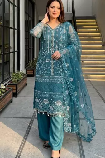 Teal-blue net sequins palazzo set