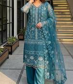 Teal-blue net sequins palazzo set