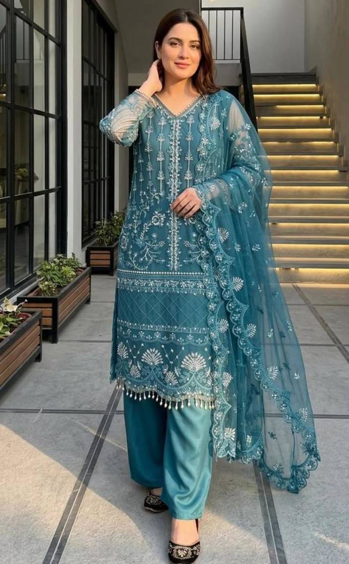 Teal-blue net sequins palazzo set