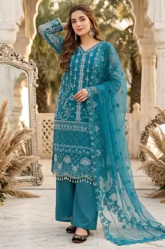 Teal-blue net sequins palazzo set