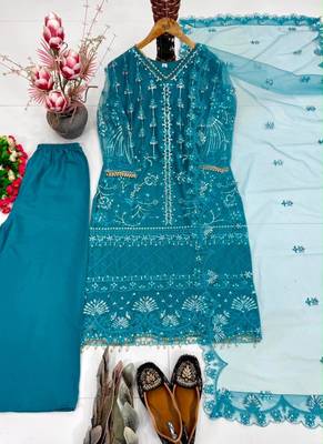 Teal-blue net sequins palazzo set 3