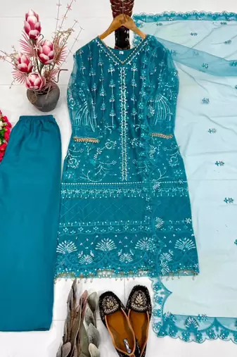 Teal-blue net sequins palazzo set