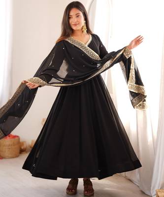 Black georgette embroidered flared gown set 1