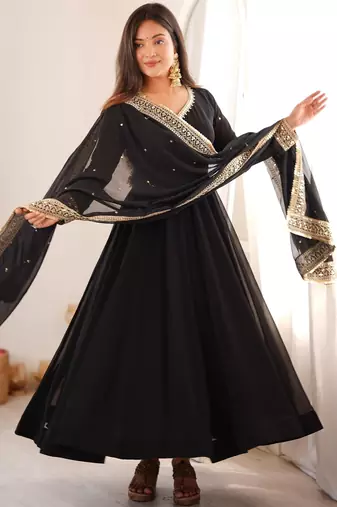 Black georgette embroidered flared gown set