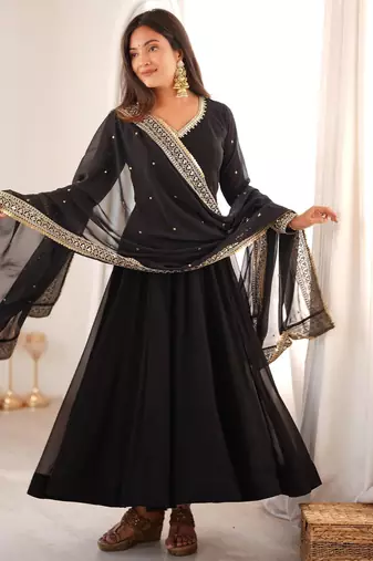Black georgette embroidered flared gown set