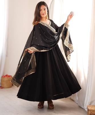 Black georgette embroidered flared gown set 3